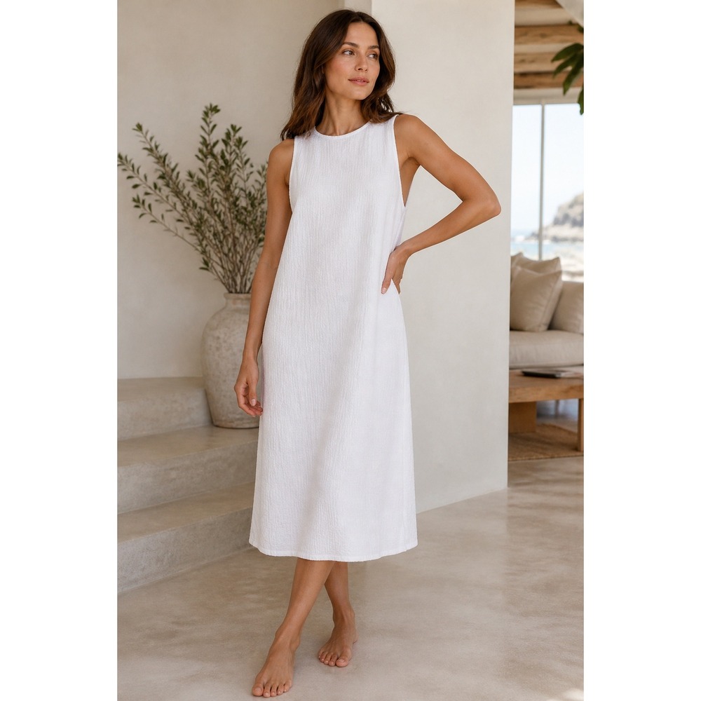 NWT Lunya Organic Cotton Seersucker Midi Dress White Minimalist Tank Size M